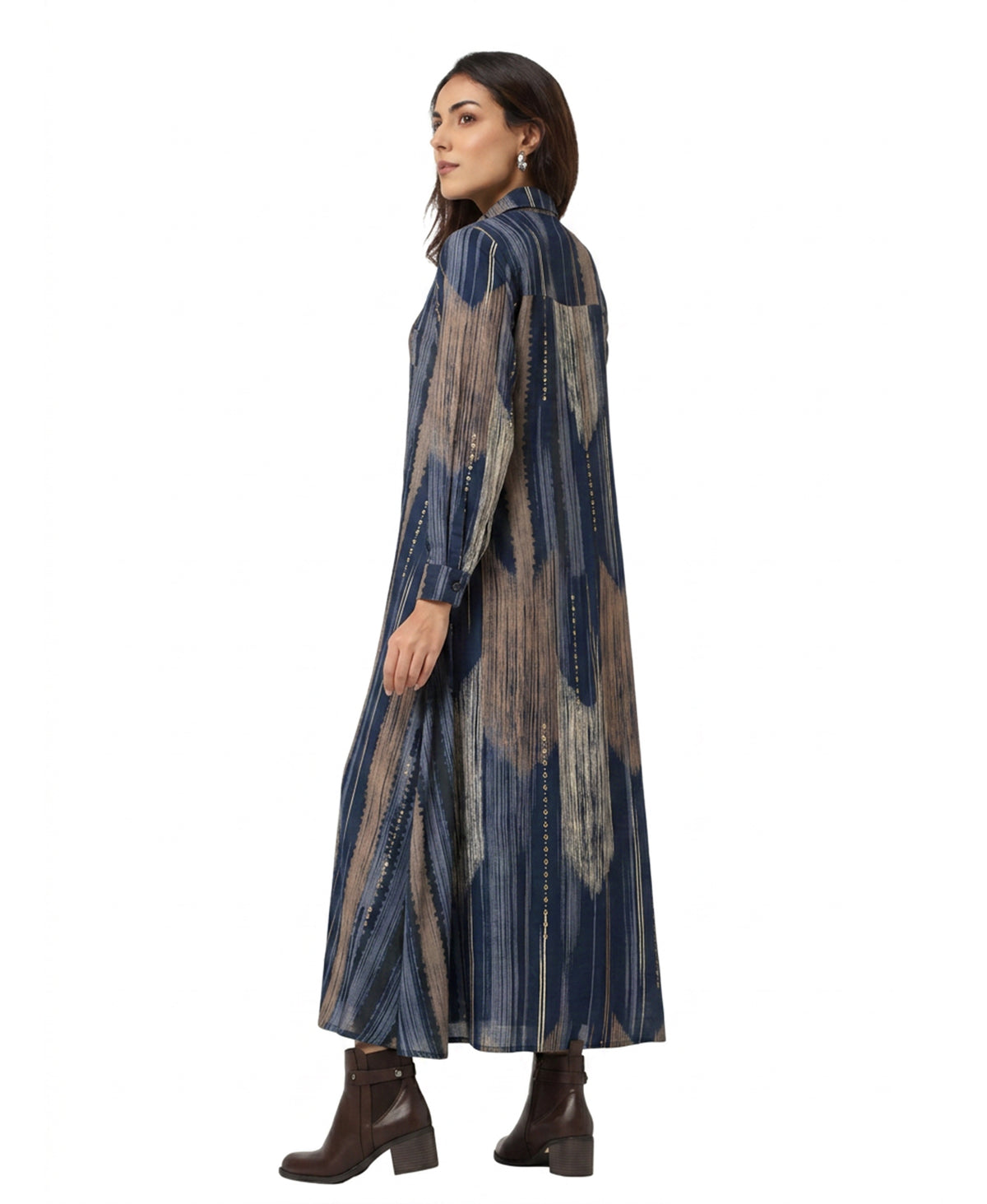 Serenaire Veloria Ikat Stripe Workwear Dress in Navy Blue — side view