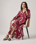 Serenaire Veloria Marble Chain Workwear Dress in Maroon — seated