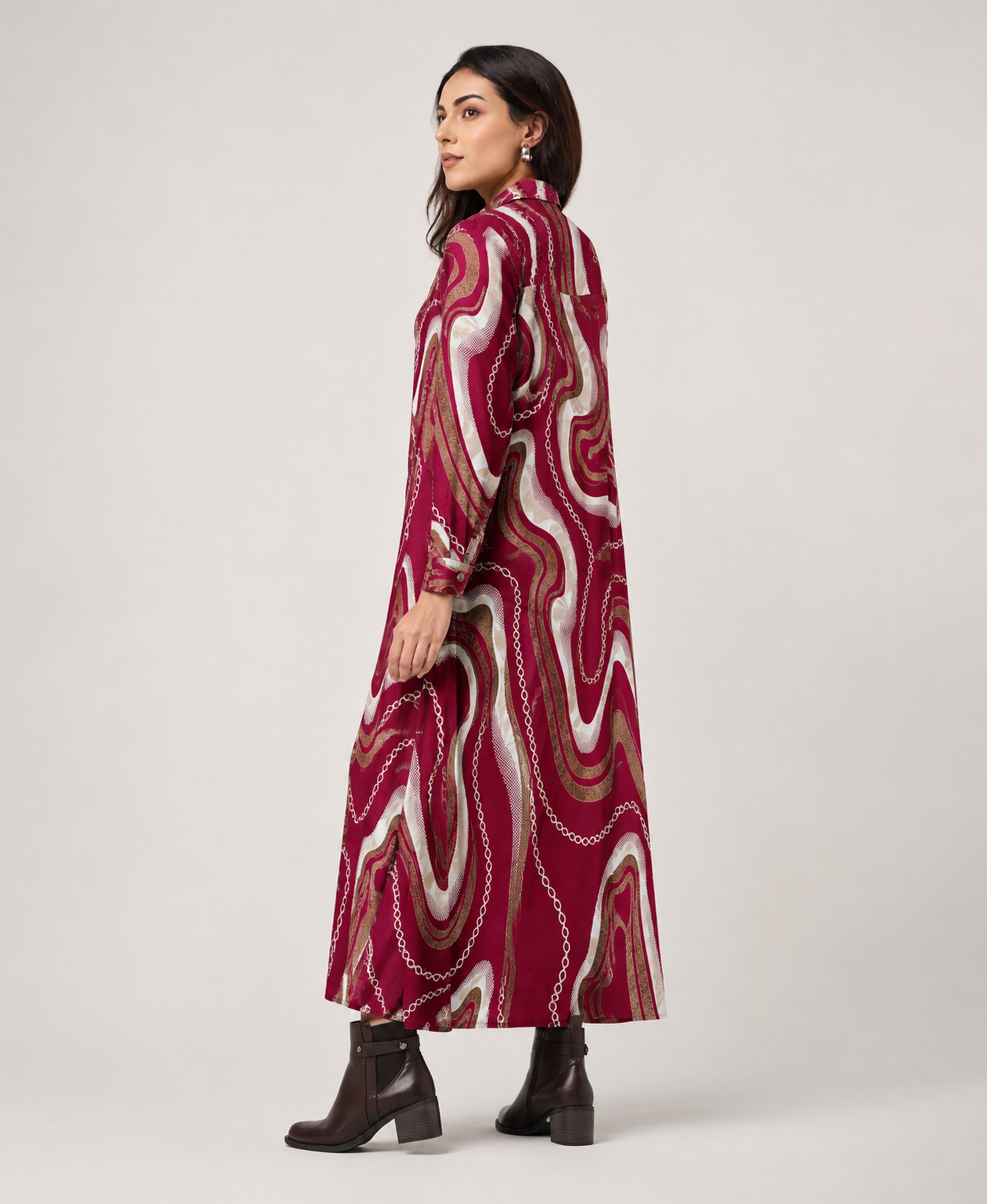 Serenaire Veloria Marble Chain Workwear Dress in Maroon — front view