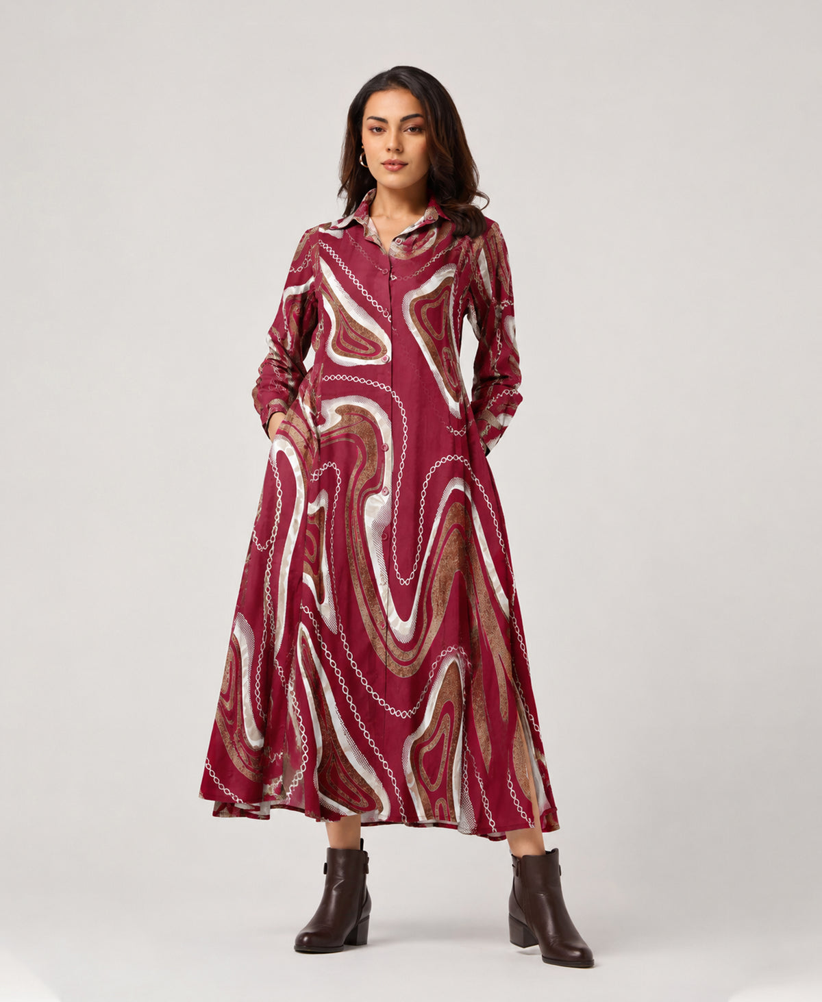 Serenaire Veloria Marble Chain Workwear Dress in Maroon — three-quarter view