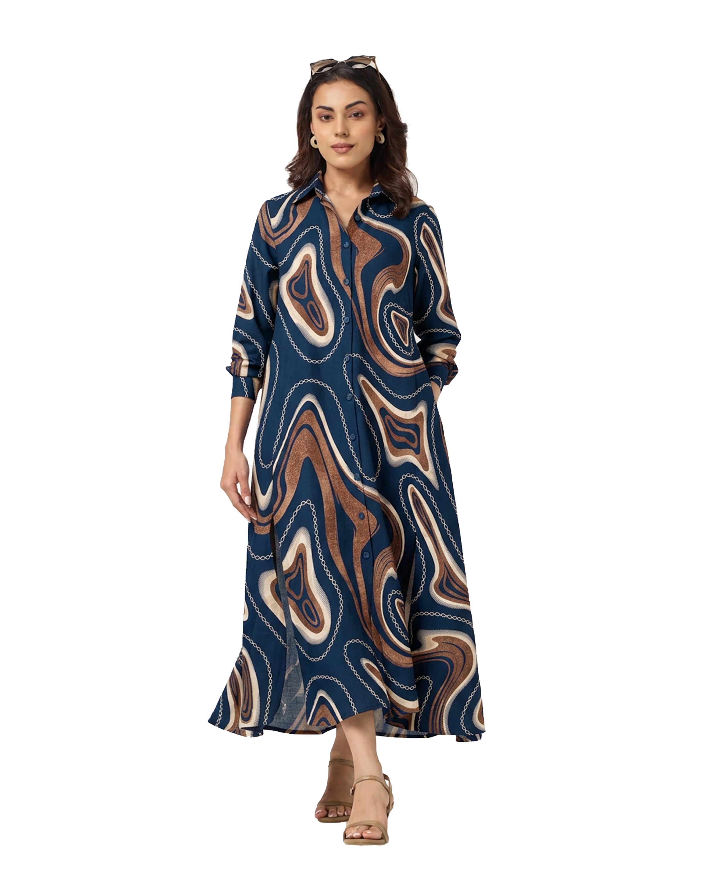 Serenaire Veloria Marble Chain Workwear Dress in Navy Blue — front view