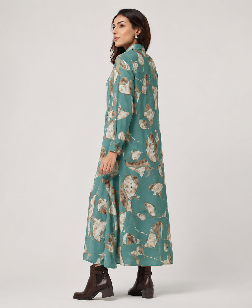 Serenaire Veloria Mosaic Workwear Dress in Teal Green — three-quarter view