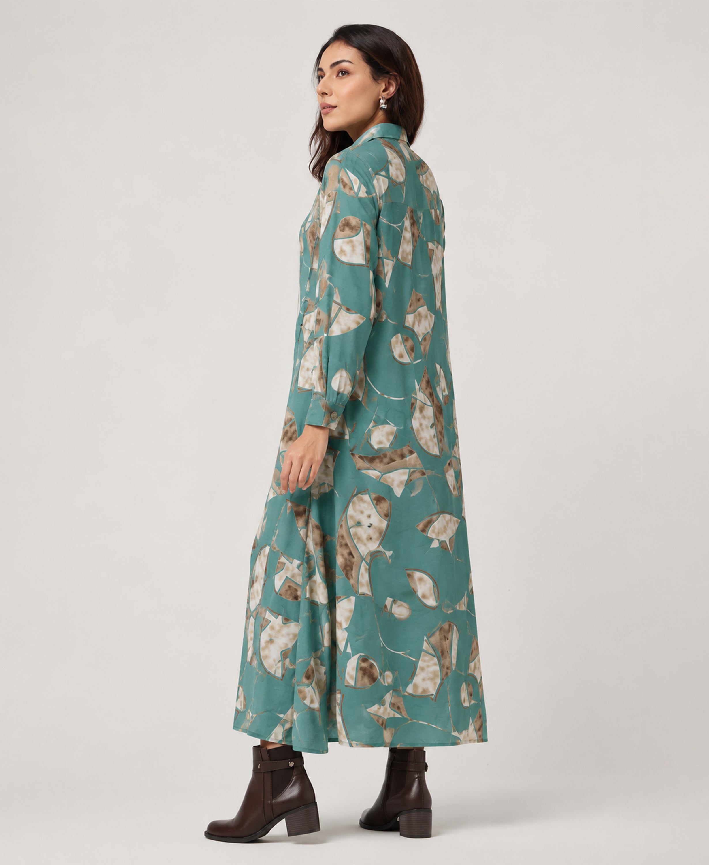 Serenaire Veloria Mosaic Workwear Dress in Teal Green — three-quarter view