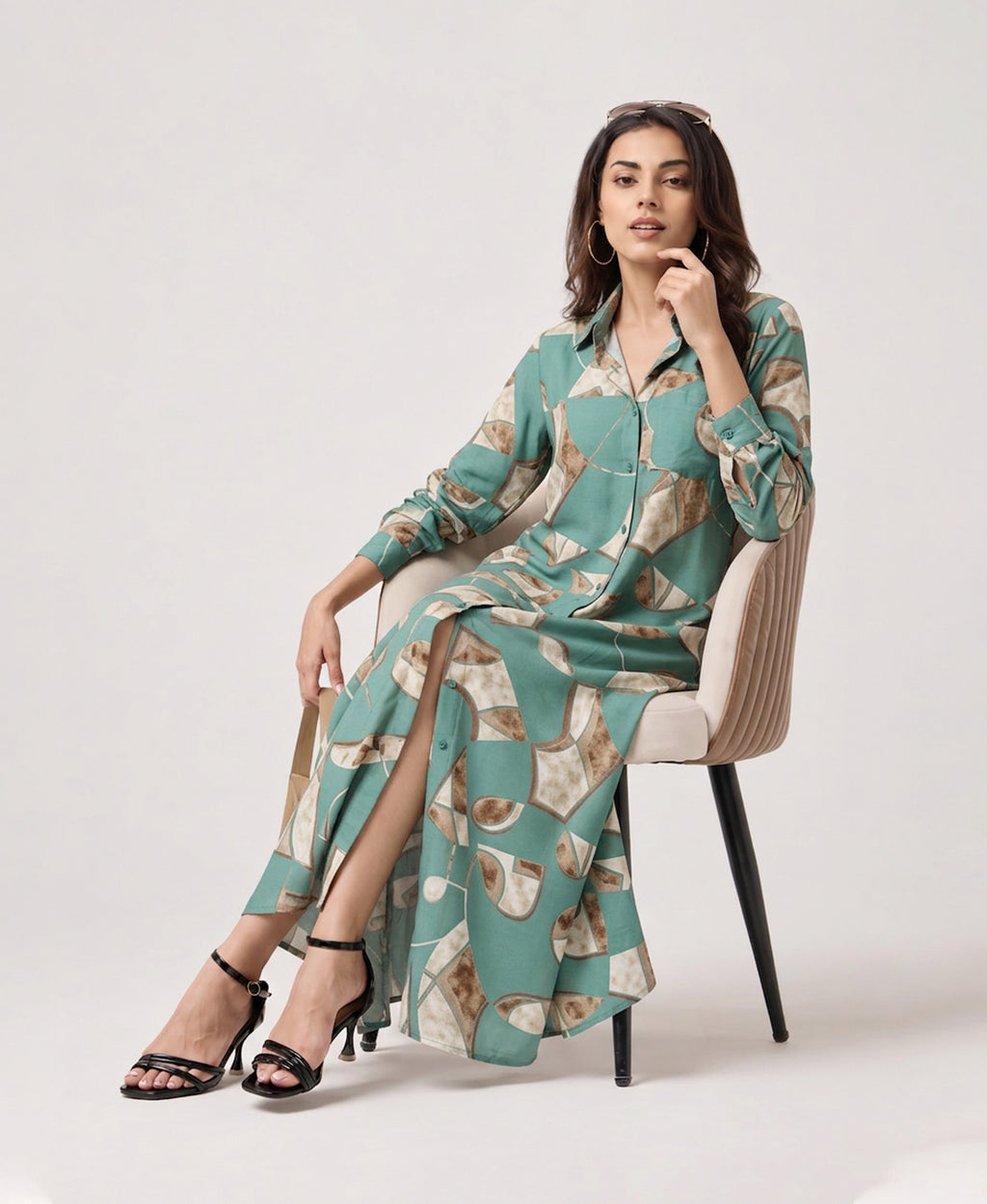 Serenaire Veloria Mosaic Workwear Dress in Teal Green — seated
