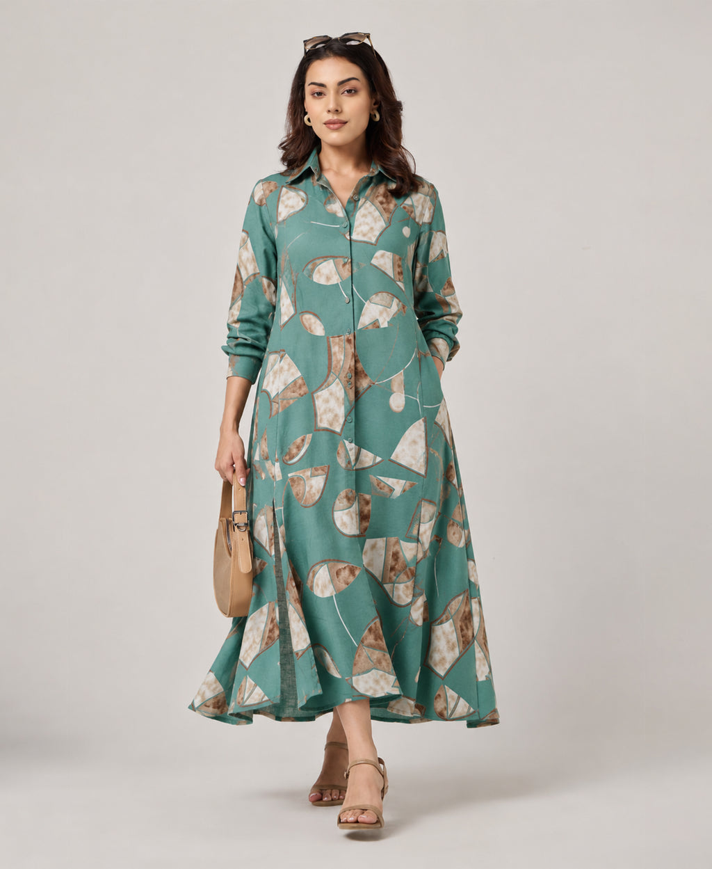 Serenaire Veloria Mosaic Workwear Dress in Teal Green — front view with bag