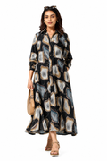 Serenaire Veloria Pebble Workwear Dress in Black — front view with bag