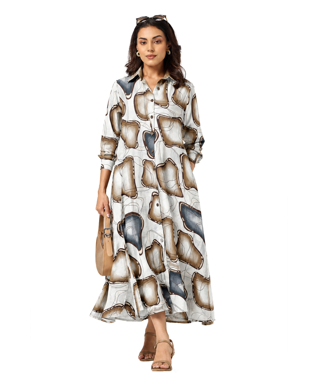 Serenaire Veloria Pebble Workwear Dress in White — front view with bag