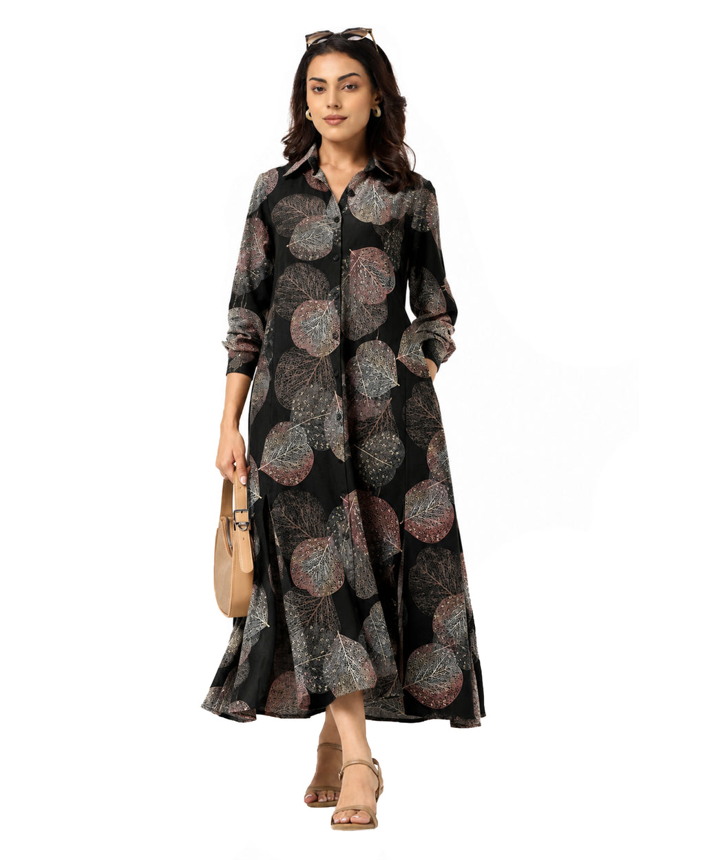 Serenaire Veloria Skeleton Leaf Workwear Dress in Black — front view with bag