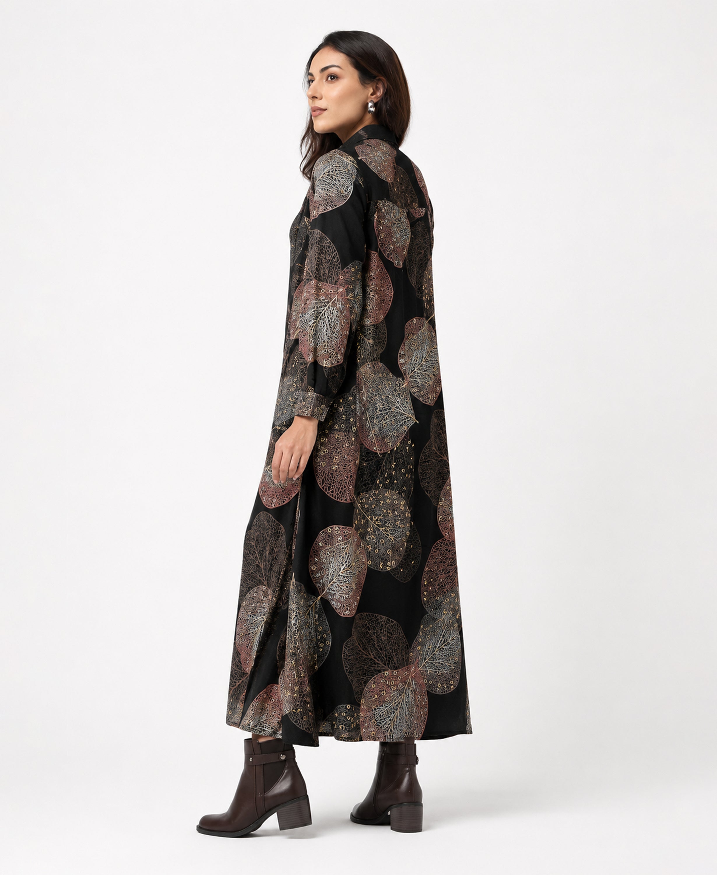 Serenaire Veloria Skeleton Leaf Workwear Dress in Black — side view