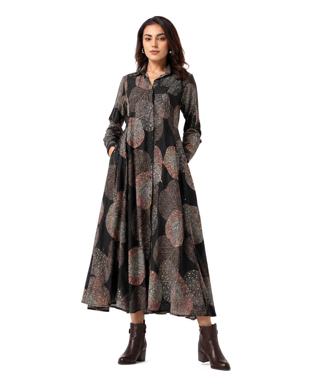 Serenaire Veloria Skeleton Leaf Workwear Dress in Black — front view