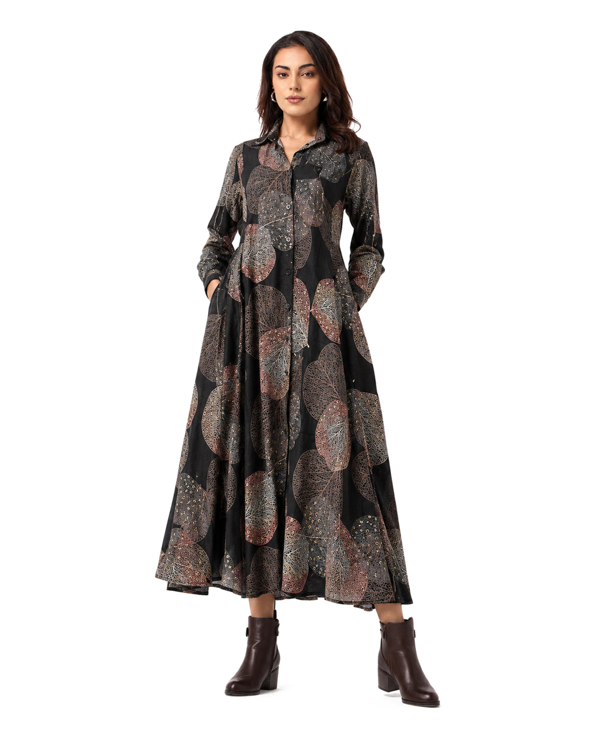 Serenaire Veloria Skeleton Leaf Workwear Dress in Black — front view