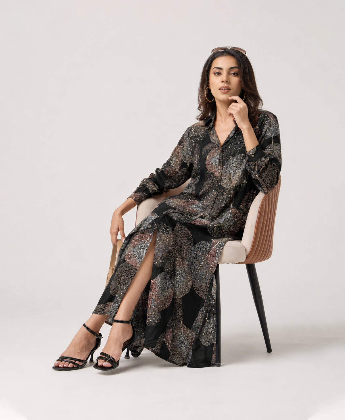 Serenaire Veloria Skeleton Leaf Workwear Dress in Black — seated