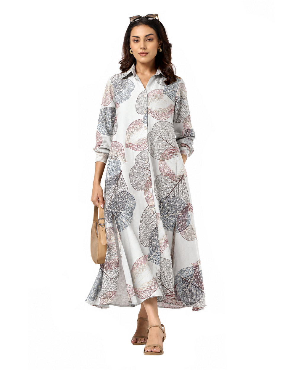 Serenaire Veloria Skeleton Leaf Workwear Dress in Ivory — front view with bag