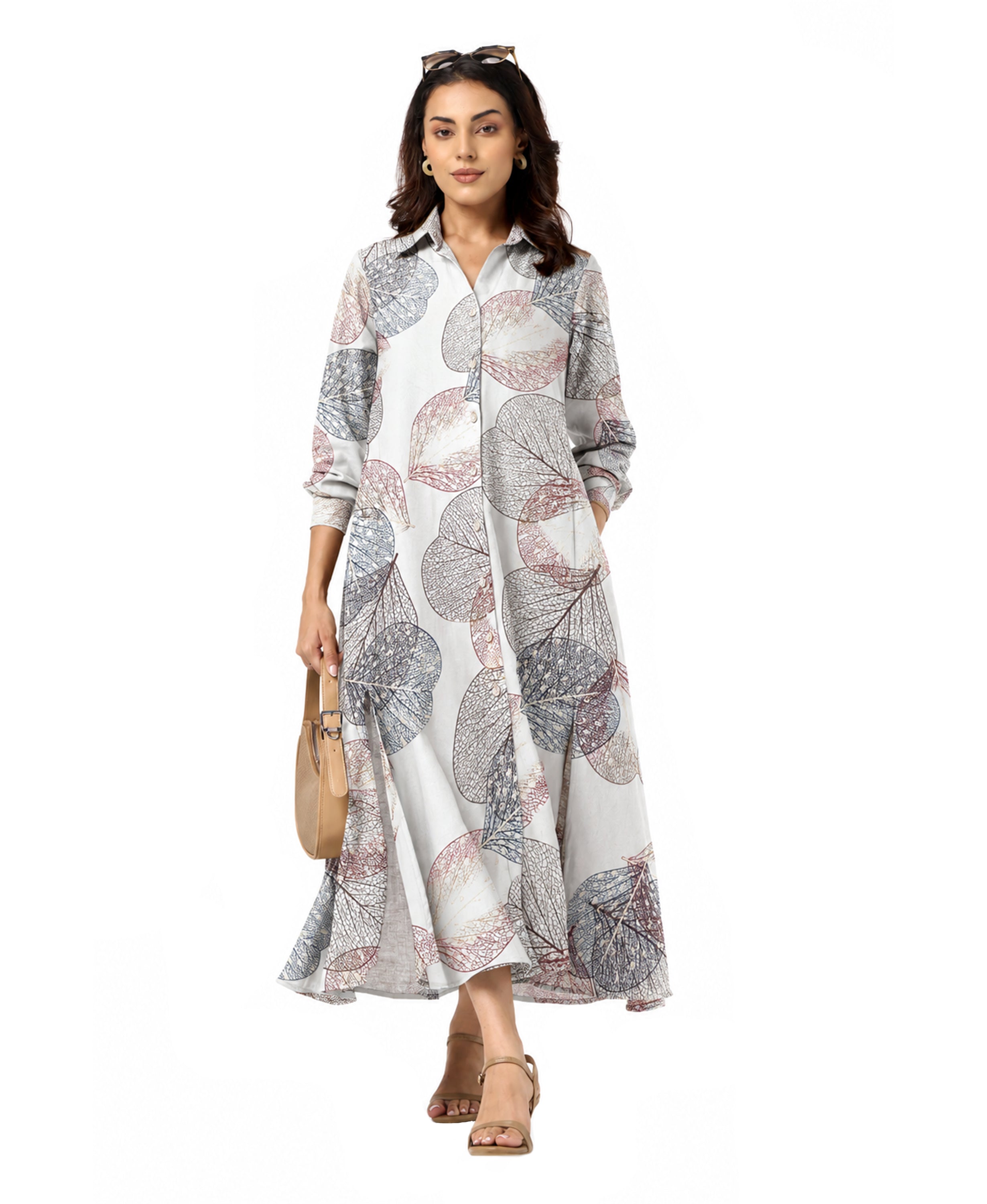 Serenaire Veloria Skeleton Leaf Workwear Dress in Ivory — front view with bag