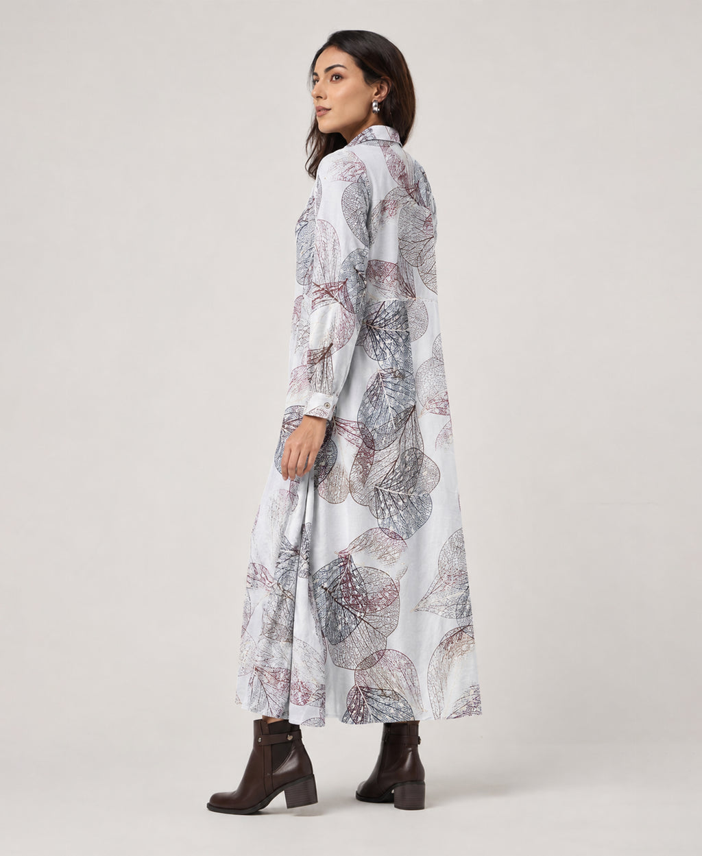 Serenaire Veloria Skeleton Leaf Workwear Dress in Ivory — three-quarter view