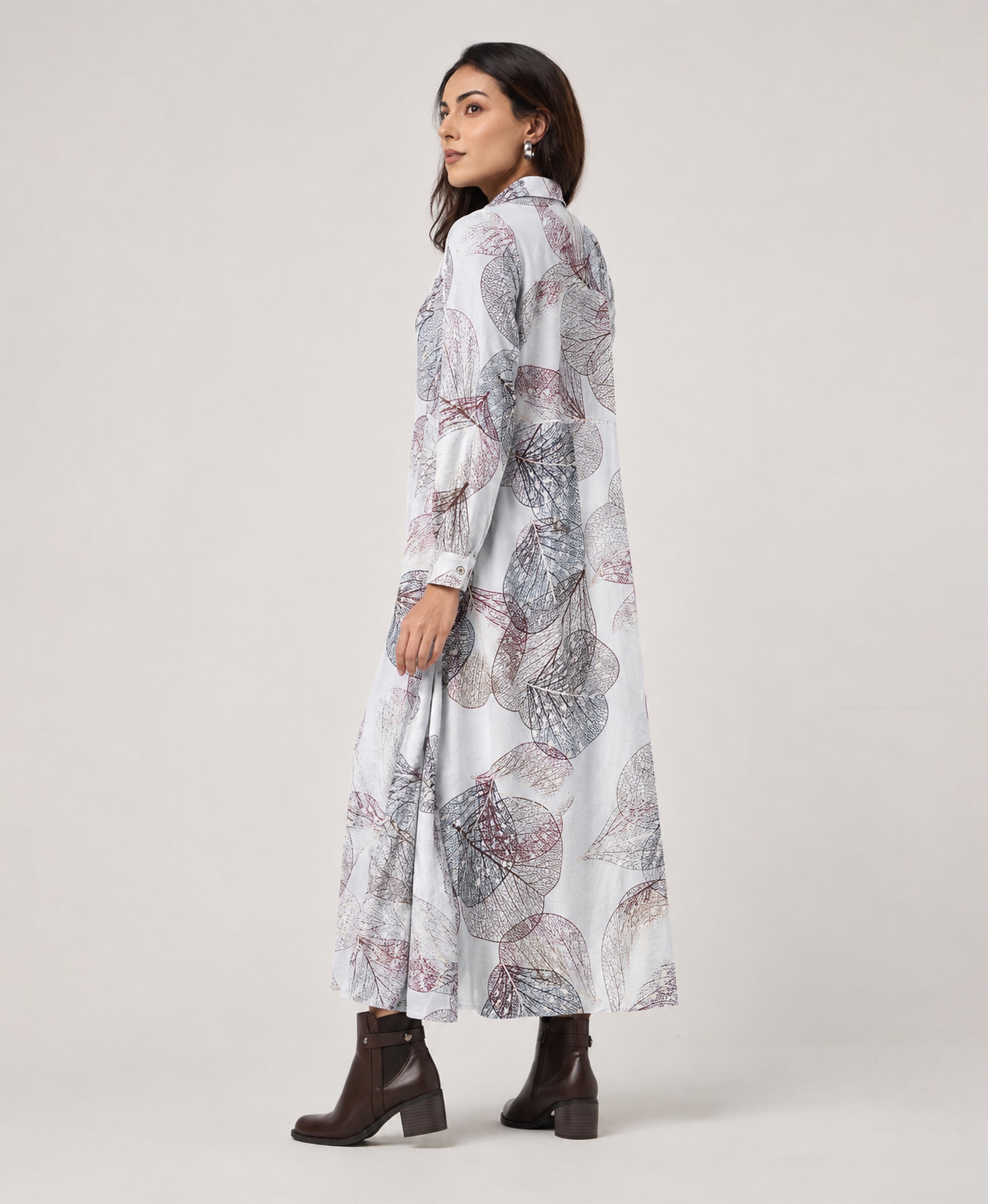 Serenaire Veloria Skeleton Leaf Workwear Dress in Ivory — three-quarter view