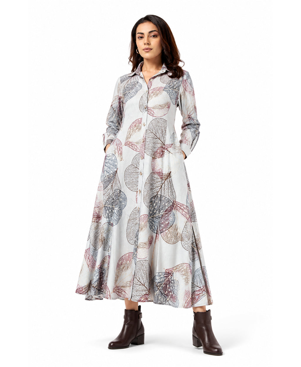 Serenaire Veloria Skeleton Leaf Workwear Dress in Ivory — front view