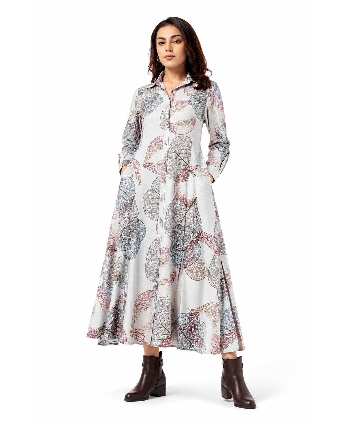 Serenaire Veloria Skeleton Leaf Workwear Dress in Ivory — front view