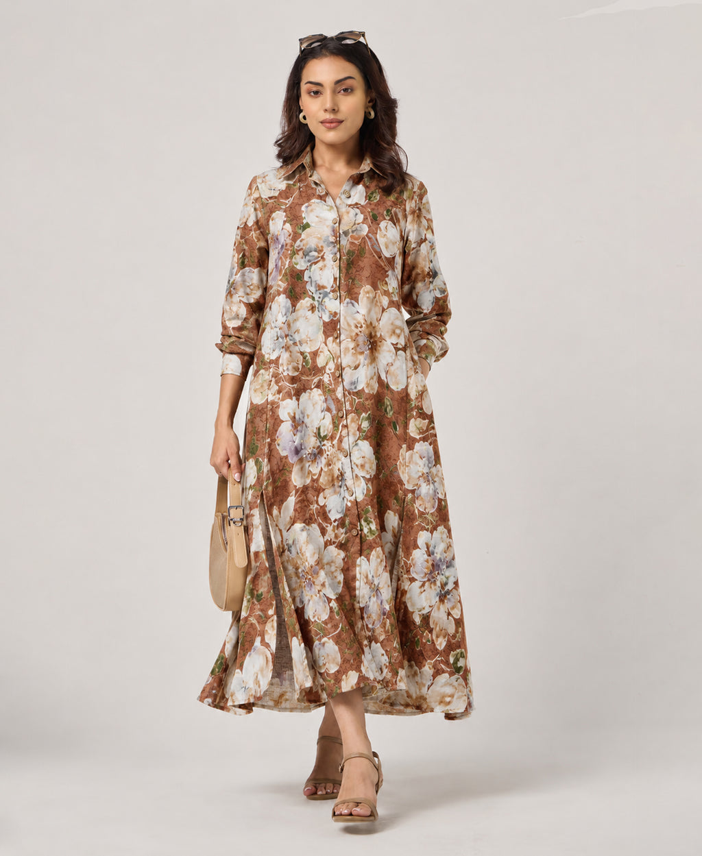 Serenaire Veloria Watercolour Bloom Workwear Dress in Mud — front view with bag