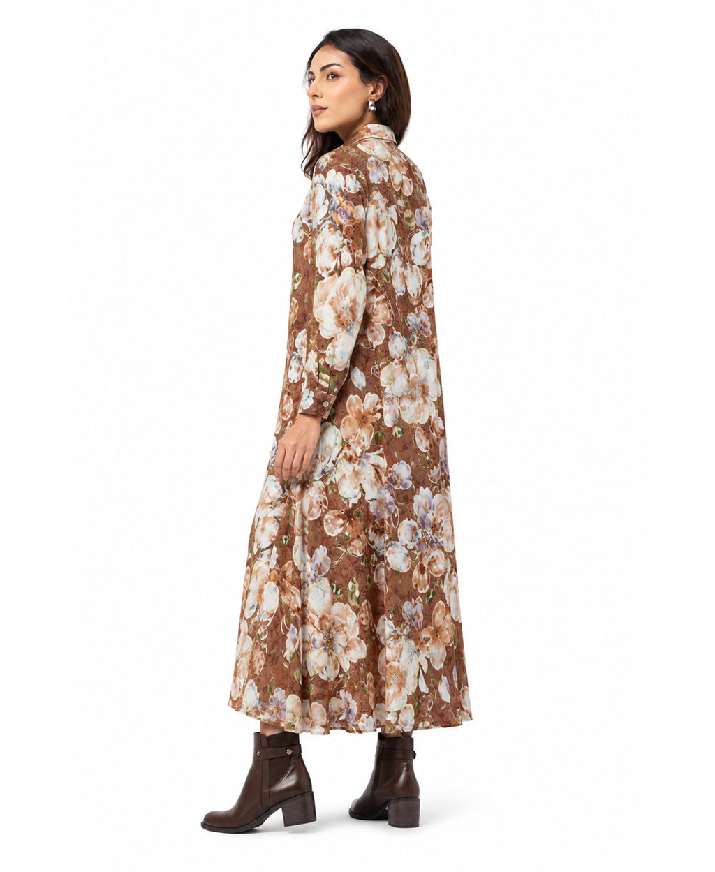 Serenaire Veloria Watercolour Bloom Workwear Dress in Mud — three-quarter view