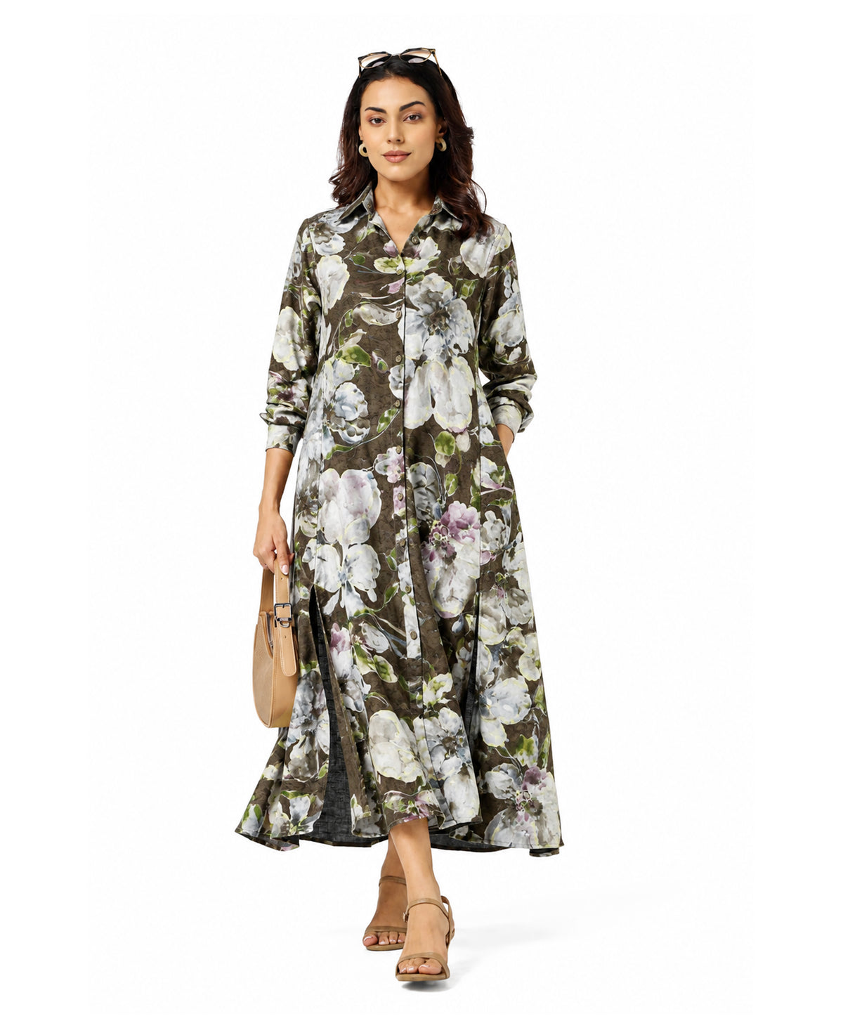 Serenaire Veloria Watercolour Bloom Workwear Dress in Olive Green — three-quarter view with bag