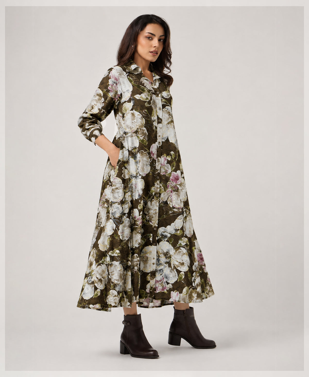 Serenaire Veloria Watercolour Bloom Workwear Dress in Olive Green — front view