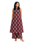 Serenaire Zerelle Floral Buta Sleeveless Kurthi Set in Maroon — look 1