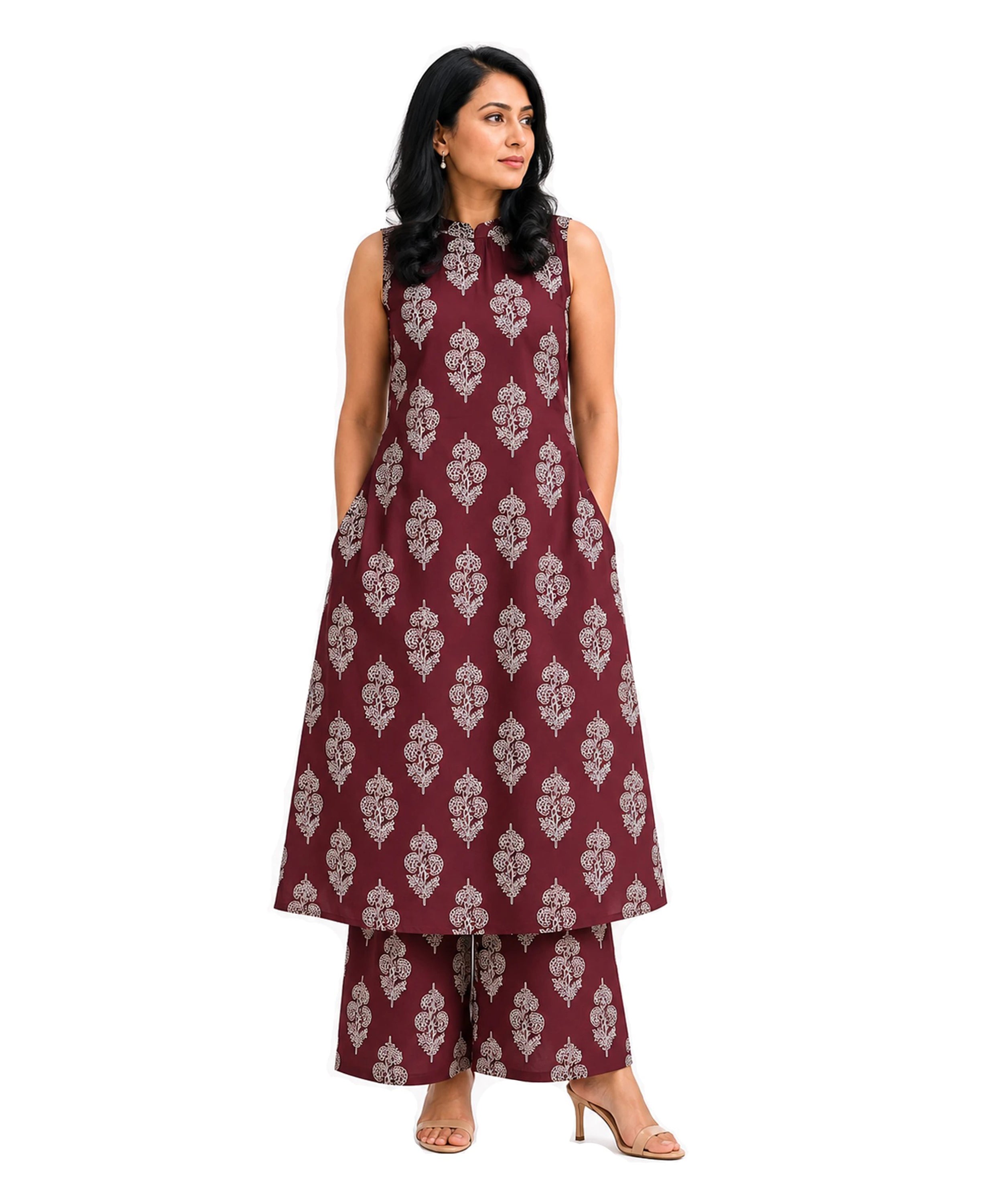 Serenaire Zerelle Floral Buta Sleeveless Kurthi Set in Maroon — look 1
