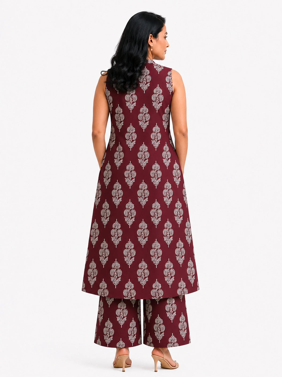 Serenaire Zerelle Floral Buta Sleeveless Kurthi Set in Maroon — look 2