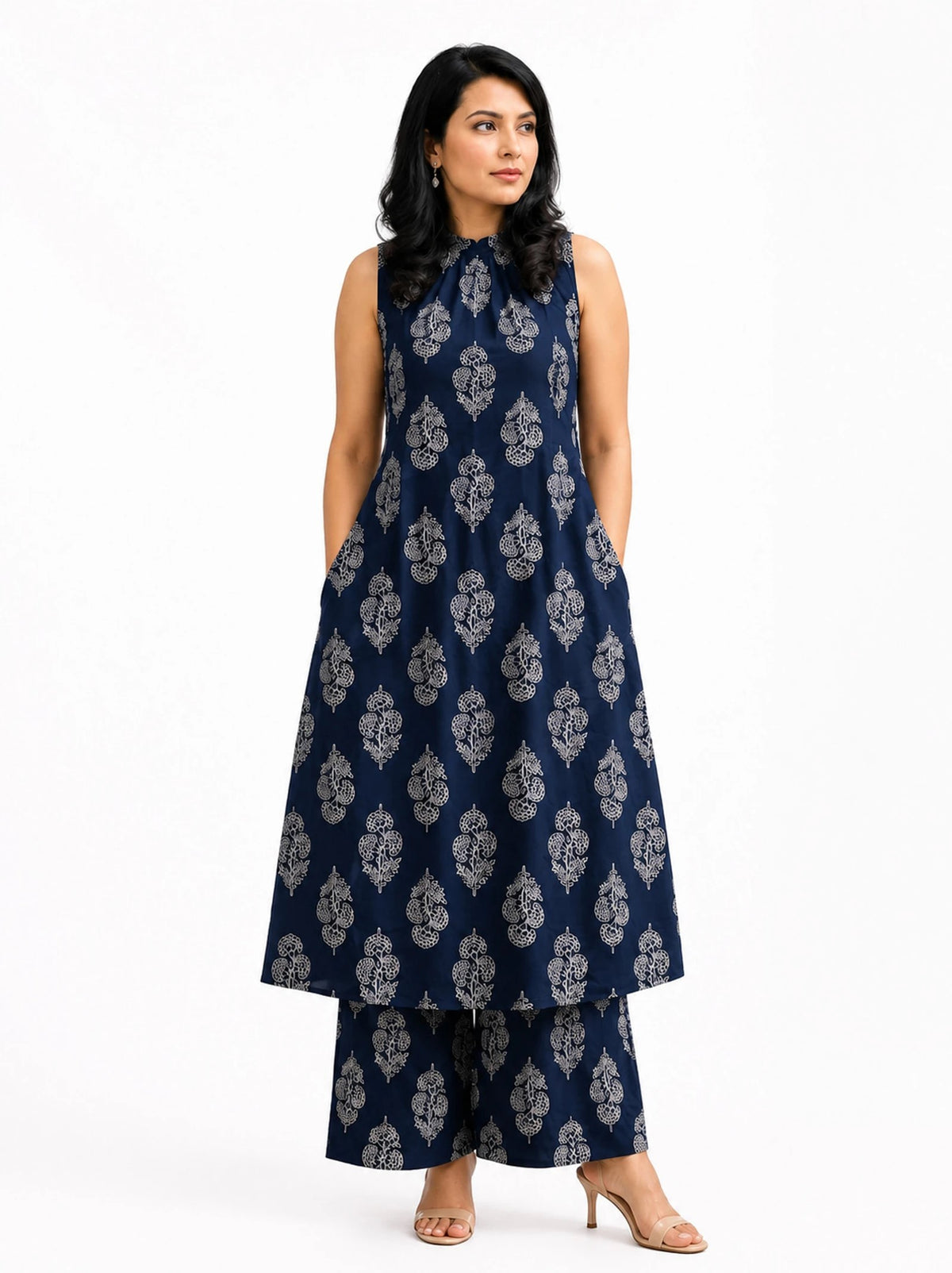 Serenaire Zerelle Floral Buta Sleeveless Kurthi Set in Navy Blue — look 1