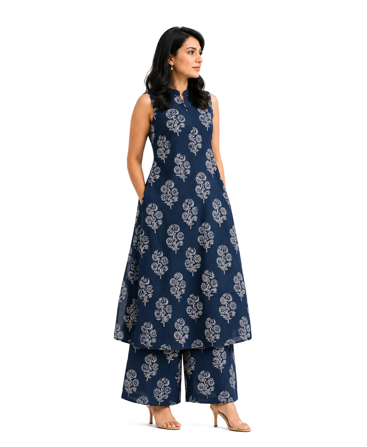 Serenaire Zerelle Floral Buta Sleeveless Kurthi Set in Navy Blue — look 2