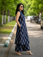 Serenaire Zerelle Floral Buta Sleeveless Kurthi Set in Navy Blue — look 3