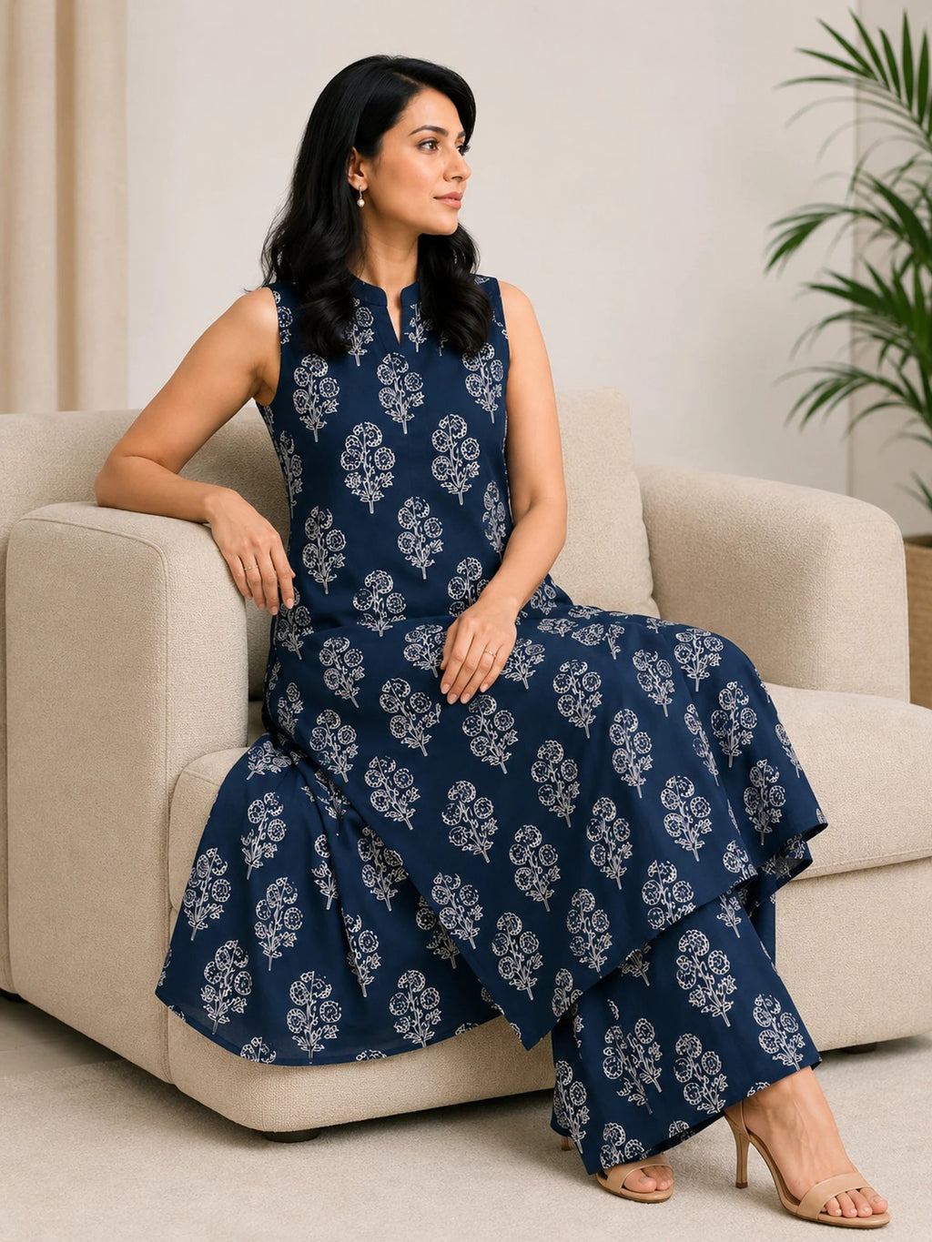 Serenaire Zerelle Floral Buta Sleeveless Kurthi Set in Navy Blue — look 4